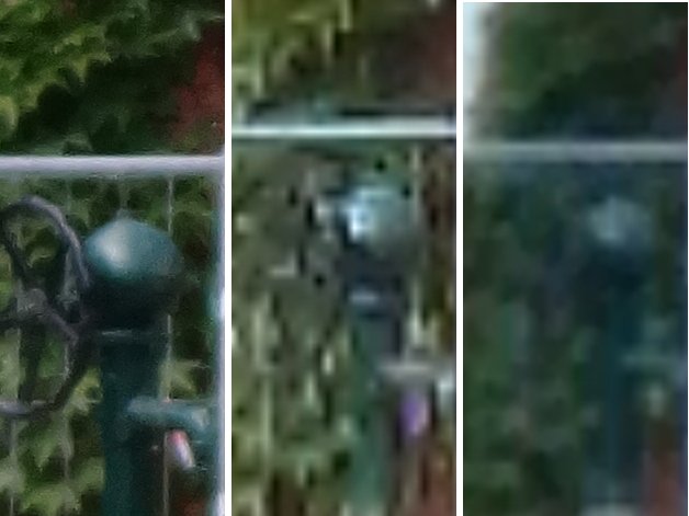 Estas imágenes con zoom al 100 % muestran claramente la diferencia en el resultado de un zoom óptico (izquierda) y un zoom digital (centro y derecha): Si bien se pueden apreciar todos los detalles en el Sony Cyber​​-shot QX10 (izquierda), el Xperia Z1 (centro) y el G2 LG (derecha) sólo ofrecen una acumulación de píxeles. / © ANDROIDPIT